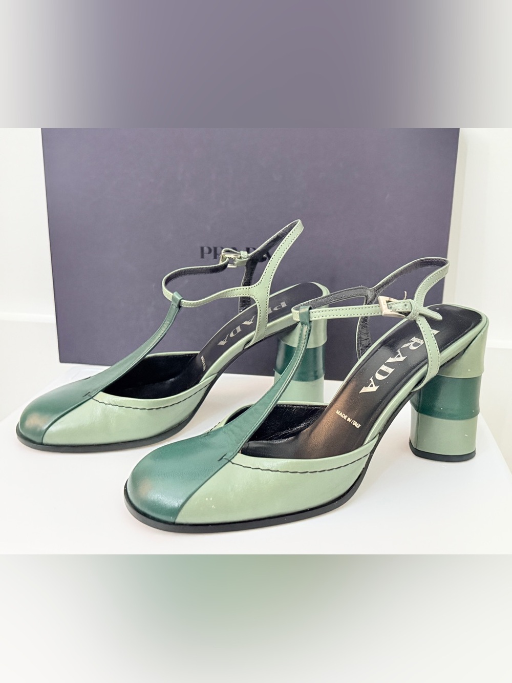 Prada Two-Tone Green Slingback Heels - Picture 2 of 2